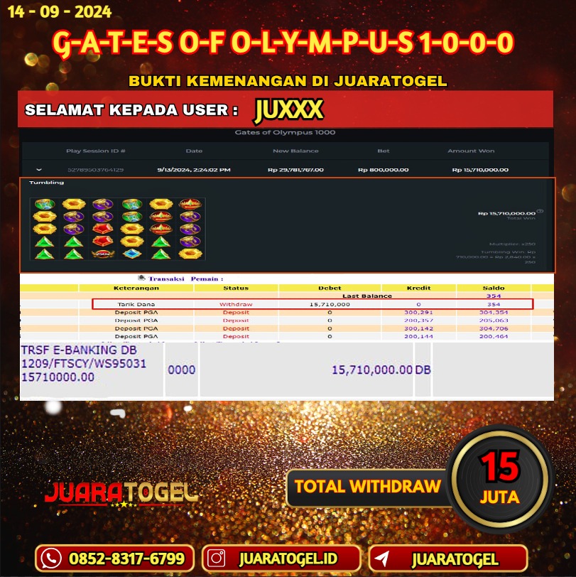 JUARATOGEL JACKPOT SLOT GATES OF OLYMPUS 1000 Rp.15,710,000,- LUNAS