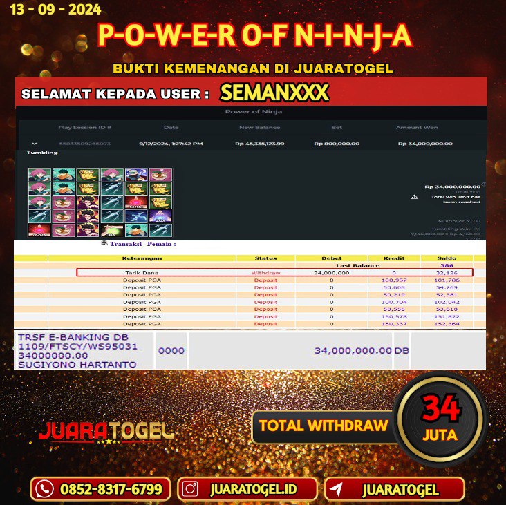 JUARATOGEL JACKPOT SLOT POWER OF NINJA  Rp.34.000.000,- LUNAS